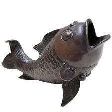 Cast Metal Open Mouth Koi Fish Bronze Tone Carp Goldfish Vase Figurine 9.75"