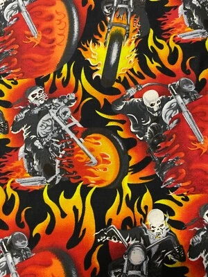 GHOST RIDER FIRE FLAMES ORANGE HOT ROD MOTORCYCLE COTTON FABRIC FQ - Image 1 of 3