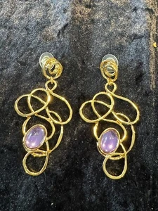 Vintage AVON GOLDEN WEB AMETHYST Cabochon Pierced Statement Drop Earrings Large - Picture 1 of 5