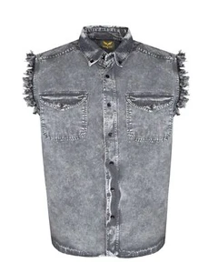 Men's Stonewashed Gray Sleeveless Cotton Shirt Summer Motorcycle Riding - Picture 1 of 4
