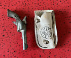 vintage mini Toy diecast revolver cap gun with leather holster 3”