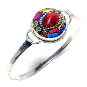 Tibetan Ruby, Lapis Lazuli Gemstone 925 Sterling Silver Cuff Bracelet w042 - Picture 1 of 8