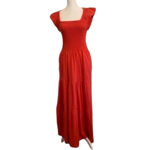 Lucky Brand NWT Women's Red Slub Flutter Sleeve Smocked Tiered Maxi Dress Sz L - Picture 1 of 8