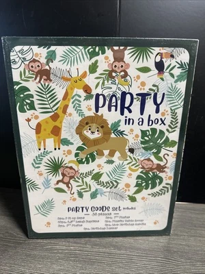 Party In A Box Jungle Happy Birthday Plates Cups 43 Piece Set Table Cover Banner - Image 1 of 2