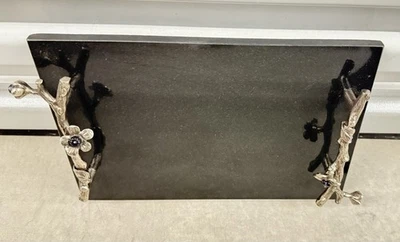 Black Granite Serving Piece With Silver “Twig / Flower” Handles - Image 1 of 4