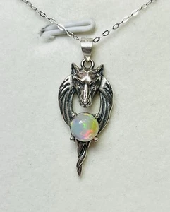 Collana in argento sterling 925 opale arcobaleno naturale cane lupo con ciondolo criniera - Foto 1 di 10