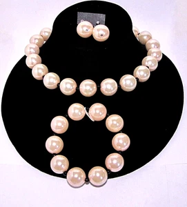 Pink Beaded Necklace Bracelet Earrings Set Faux Pearl Silver Metal Black Beads - Picture 1 of 4