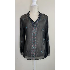 Silkland 100% Seide schwarz L bestickt Perlen Pailletten Bluse transparent Regenbogen - Bild 1 von 15