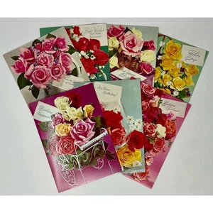 7 Vintage Birthday Cards, Rose Bouquets, Embossed, Each Different, Unused NOS - Picture 1 of 4