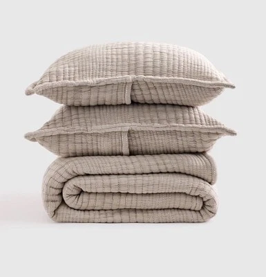 Quince Organic Cotton Channel Matelasse Coverlet Set Full Queen Taupe Open Box - Image 1 of 4