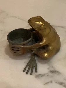 Vintage Brass 3.5" Frog Holding Candle Stand Figurine –Incense Cone Burner Decor - Picture 1 of 5