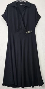 Lauren Ralph Lauren Buckle-Trim Georgette Dress Black Collared Women's Size 12 - Picture 1 of 19