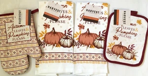 Set of 4 Thanksgiving Harvest Pumpkin Fall 2 Dish towels 1 Oven Mitt 1Pot holder - Picture 1 of 4