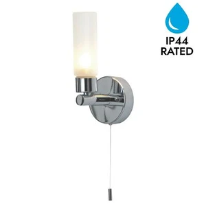 Modern Polished Chrome & Glass IP44 Bathroom Wall Light With Pull Cord Switch - Picture 1 of 6