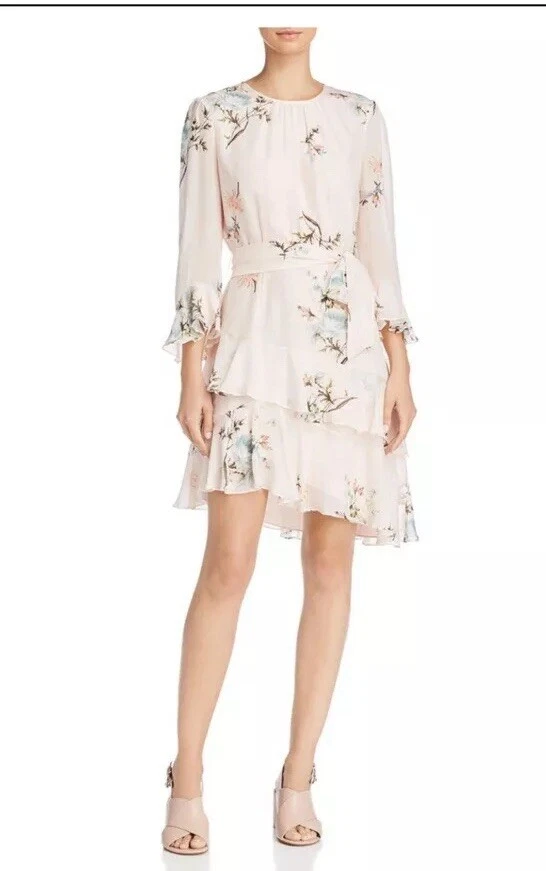 JOIE KAYANE Floral Bird Printed Delicate Flowy Ruffles Tiered Tie Silk Dress 0 2