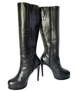 Botas hasta la rodilla Pour La Victoire de cuero negro plataforma tacón de aguja EE. UU. 7,5 - Imagen 1 de 11
