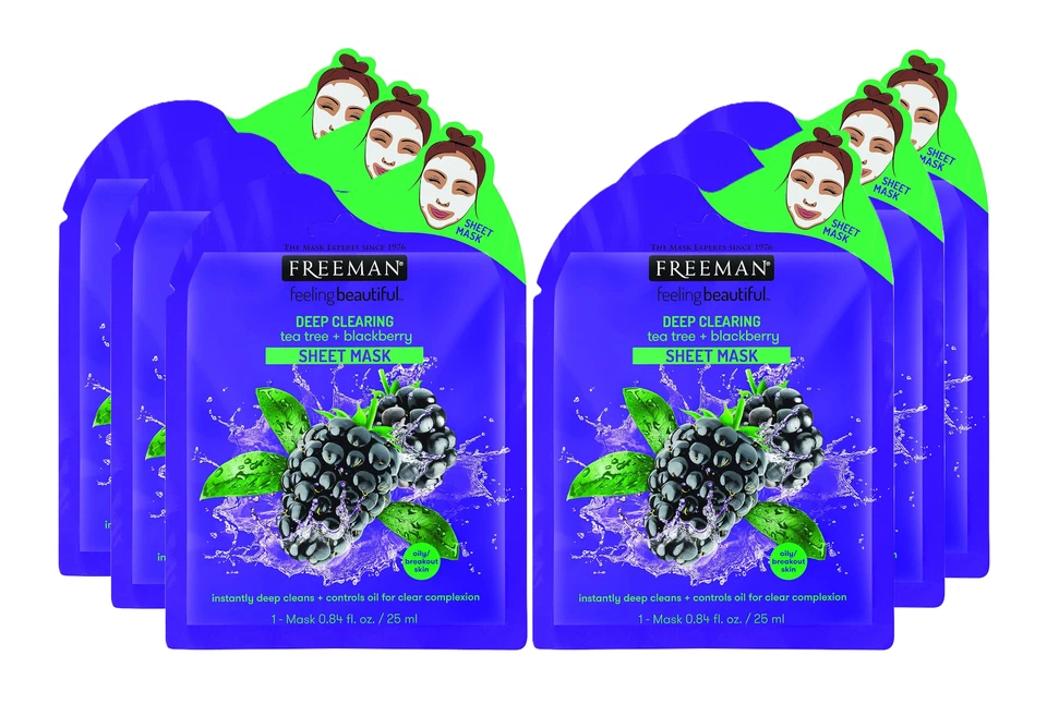 Máscara de hoja Freeman árbol de té de limpieza profunda + mora 0,84 OZ juego de 6 Foto 1 de 4