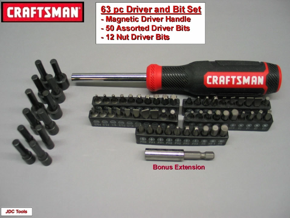 CRAFTSMAN MAGNETIC HANDLE 1/4 IN NUT DRIVER Bit Set 63 PC Star Square+-Hex  50 - Image 1 of 1
