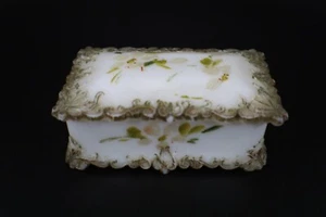 Covered TRINKET DISH Box 2-Piece White Glass Hand Painted Flowers Floral - Picture 1 of 14