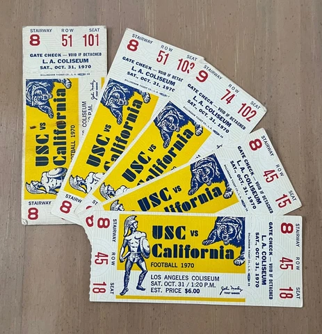 VINTAGE 1970 CALIFORNIA GOLDEN BEARS @ USC TROJANS FOOTBALL FULL TICKETS (5) Cover