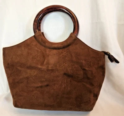 Vintage Relic Brown Suede Front Floral Pattern Handbag With Round Handle - Image 1 of 4