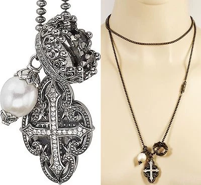 $750 Scott Kay Ruthenium Ball Chain Pearl Cross Charm Necklace Women Lady Gift - Image 1 of 4