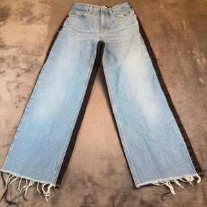 PacSun 90s Boyfriend Jeans Light Wash Black Contrast Wide Leg Raw Hem Womens 24 - Picture 1 of 12