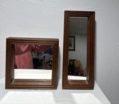 Wall Mounted Mirror Set  Dark Wooden Frames  8”x 8” & 5"x13" Thick Frames 1.50" - Image 1 of 4