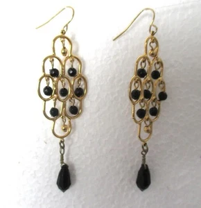 3 Zoll Ohrhänger Ohrringe durchbohrt goldfarben & schwarze Acrylperlen am Haken - Bild 1 von 2