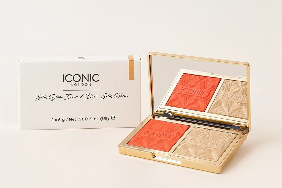 Iconic London Silk Glow Duo Sheer Blush & Highlighter CORAL GLOW NIB $42 MSRP - Image 1 of 1