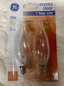 2-Pack GE CRYSTAL CLEAR 40W TYPE CA CANDELABRA BULBS • 40CAC/CL/CD2-MPD - Picture 1 of 2