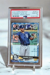 POP 2! Fernando Tatis Jr RC Snow Serial # /50 PSA 10 2018 Bowman Topps Holiday - Picture 1 of 2