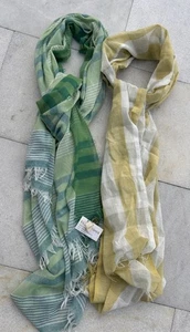 2 Sciarpa Eileen Fisher cotone stampato giallo verde blu righe a quadri nuova con etichetta - Foto 1 di 4