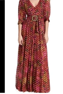 RARE Farmrio Womens Maxi Banana Flowers Dress Multicolor Metallic Puff Sleeves M - Picture 1 of 5