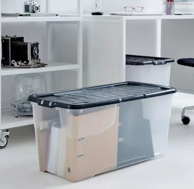 1x 65-Liter Curve Storage Boxes With Black Plastic Lid Clear Home Organizer New - Image 1 of 3