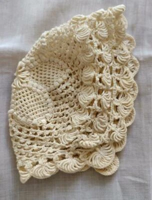 Antique Baby Bonnet Cap Irish Crochet Coronation Cord Lace Dolls Hat Cotton Ecru - Image 1 of 4