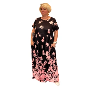 WOMENS LADIES BLACK PINK PLUS SIZE MAXI DRESS WITH SIDE POCKETS - Picture 1 of 8