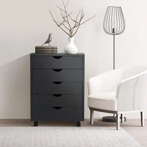 5 Drawer Chest Storage Cabinet Dressers with Wheels Mobile Furniture Black - Picture 1 of 7