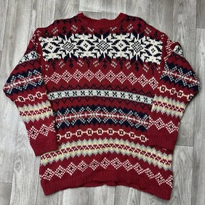 Vintage 90s Eddie Bauer Fair Isle Sweater Red Nordic Snowflake Holiday Womens M - Picture 1 of 3