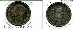 SPAIN 1885 5 PESETAS SILVER COIN VF XF 2376K - Picture 1 of 1