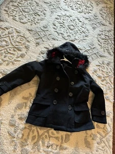 Falls Creek Girls Black Winter Coat Pink Removable Hood, Lined Size 7/8 EUC - Picture 1 of 6