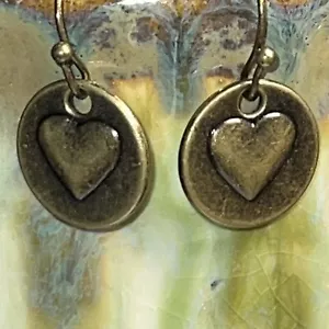 Bronze Tone Puff Heart & Engraved Love on Back Charm Dangle Earrings. S856 - Picture 1 of 3