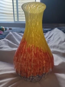 NEW-HAND BLOWN-Multicolor Swirl Glass Vase-Yellow/Orange & Blue-10" tall-5"wide - Picture 1 of 6