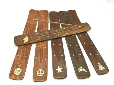 PORTA BRUCIA INCENSI LEGNO CM 26 CON INTARSI OTTONE PER INCENSI IN STICK - Immagine 1 di 4