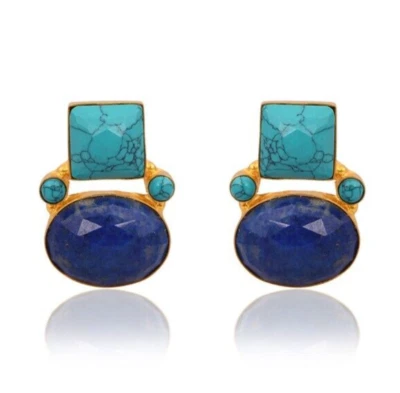 18K Gold Multi-Gemstone Turquoise and Lapis Stud Square & Oval Modern Earrings - Image 1 of 4