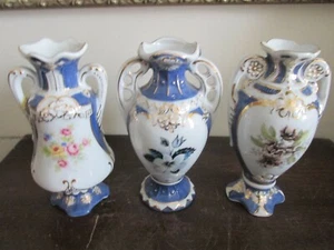 Royal Dux Bohemia Porcelain Set Of 3 Handled Vase Blue Flowers Gold 5.5" - Picture 1 of 11