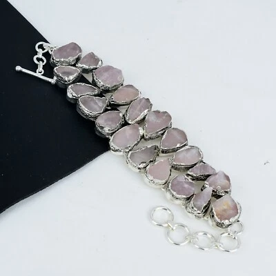 Brazalete de cadena de plata de ley 925 hecho a mano con piedras preciosas de cuarzo rosa crudo natural Foto 1 de 4