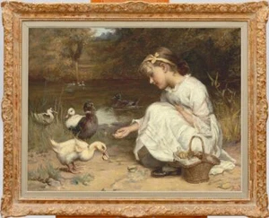 Handgefertigtes antikes Ölgemälde Altmeister-Kunst weibliches Mädchen Enten auf Leinwand 30"x40" - Bild 1 von 2