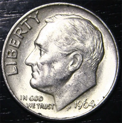1964 Roosevelt Dime 90% Silver 10c US Coin Philadelphia Mint AU+ - Image 1 of 2