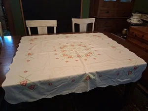 Vintage 50 1/2" × 49" Pinkish Red Floral Embroidery Tablecloth - Picture 1 of 7